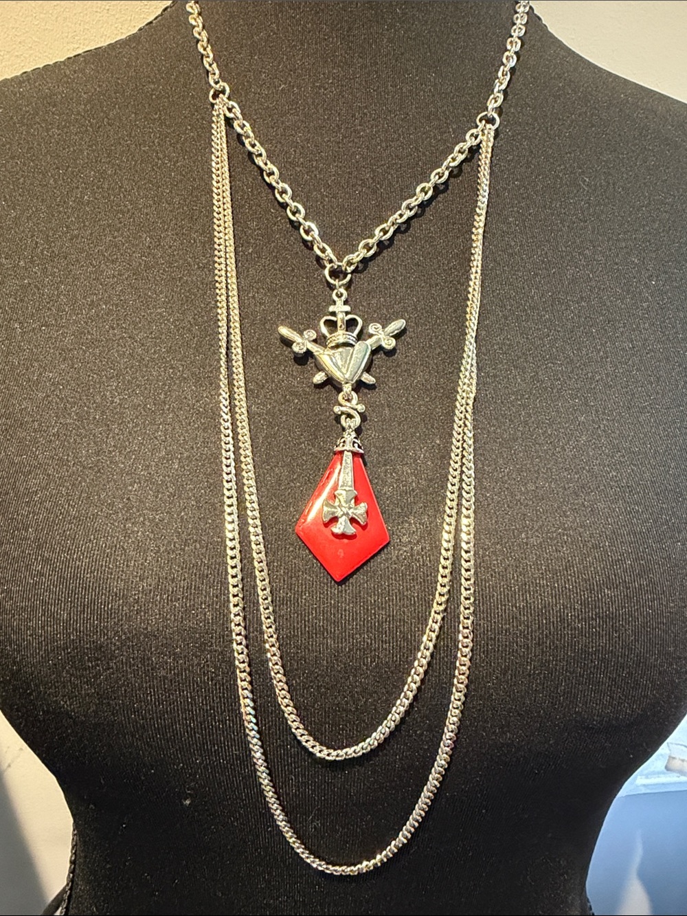 Chico’s Gothic Crowned Sacred Heart Crossed Sword Red Pendant Layered Necklace